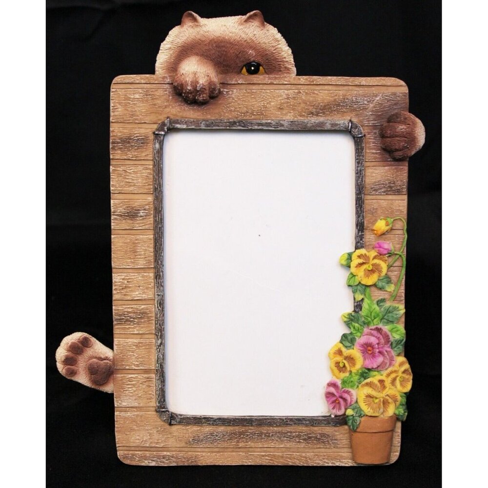 Cat Picture Frame 4x6'' Photo Holder Peeking Window Pansies Flowers Wood Look